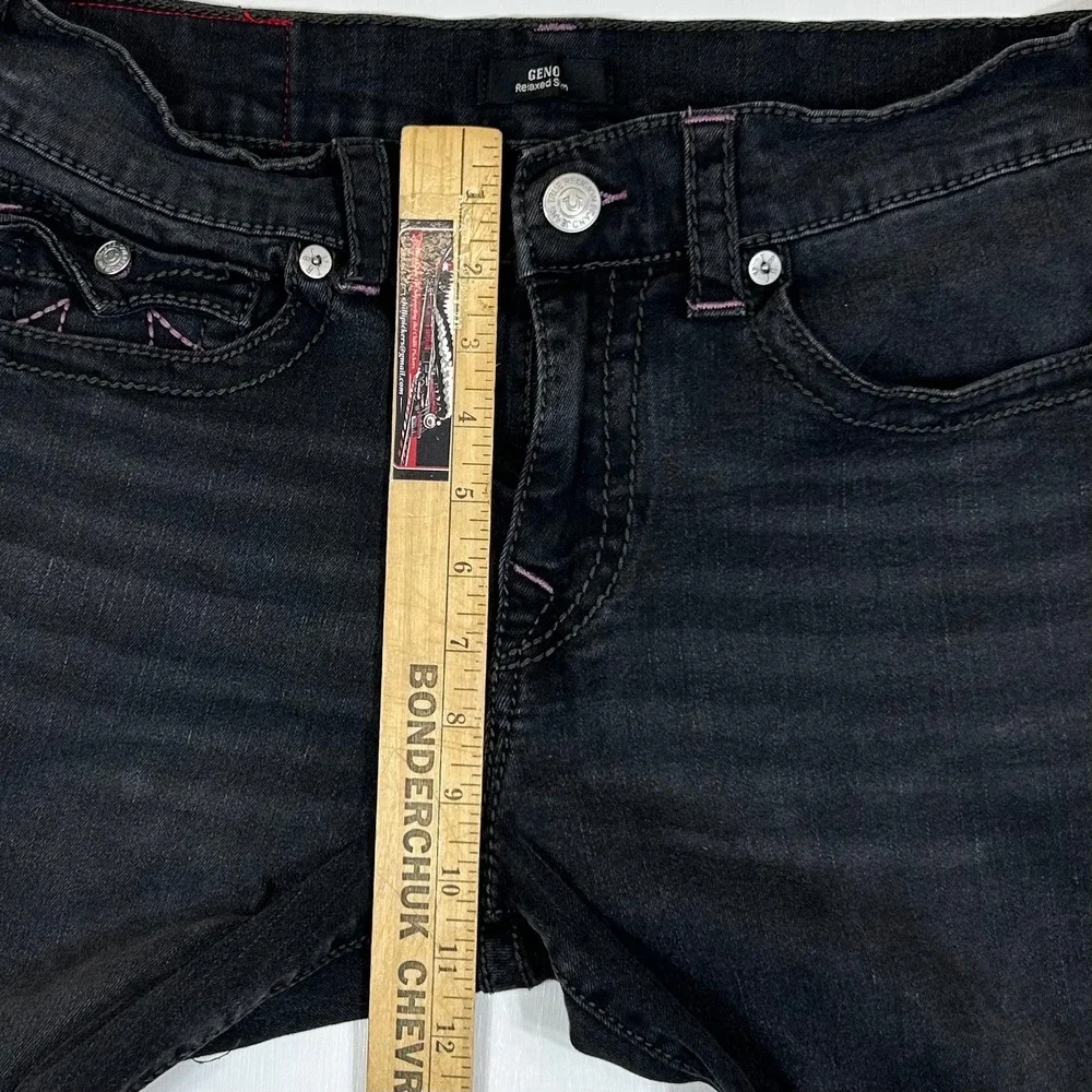 True Religion Geno Relaxed Slim Black Purple Horseshoe Stitch Jeans Mens 32
